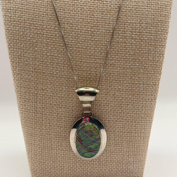 Vintage Opal Sterling Silver Pendant and Necklace